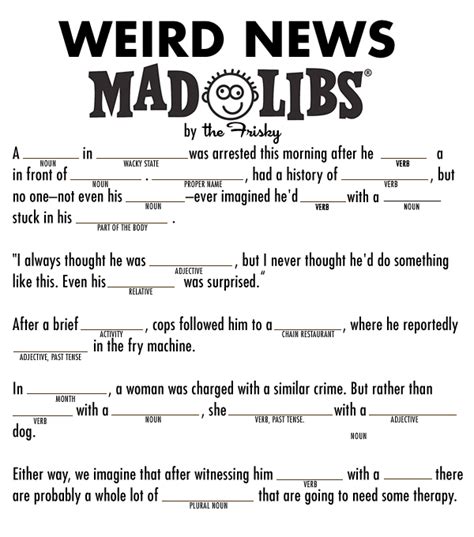 Contact information for llibreriadavinci.eu - Printable Funny Mad Libs Pdf. October 3, 2023 by tamble. Printable Funny Mad Libs Pdf – Mad Libs word games are engaging and fun. They have been popular from the 1950s. The participants fill in blanks with their own words. This can lead to hilarious results. This guide explores printable Mad Libs (in English), provides free templates, and ...